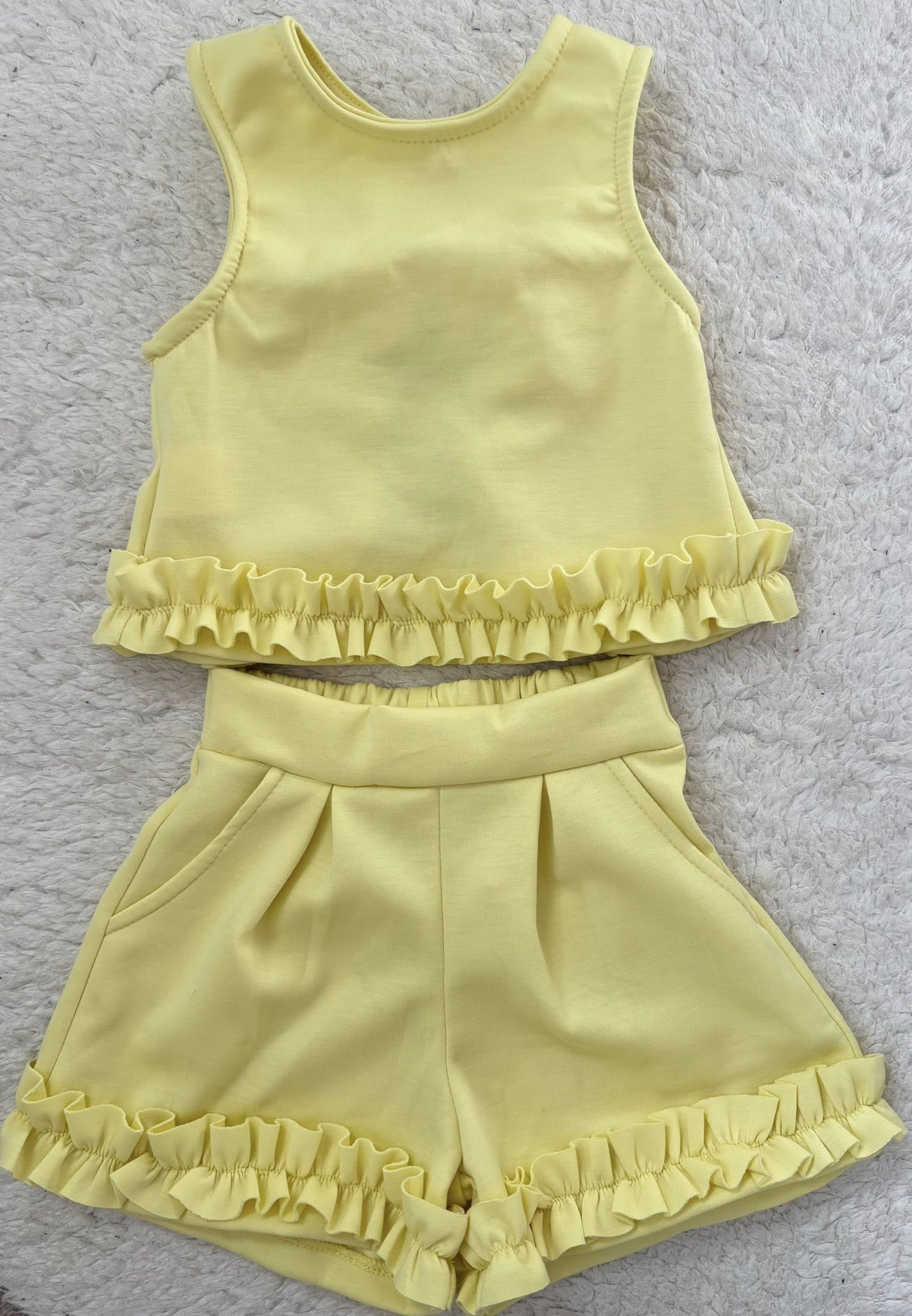 ( Moq 5 ) Preorder Baby Girls Kids Sleeveless Yellow Ruffle Tops Pockets Shorts Cotton Set Summer Clothes