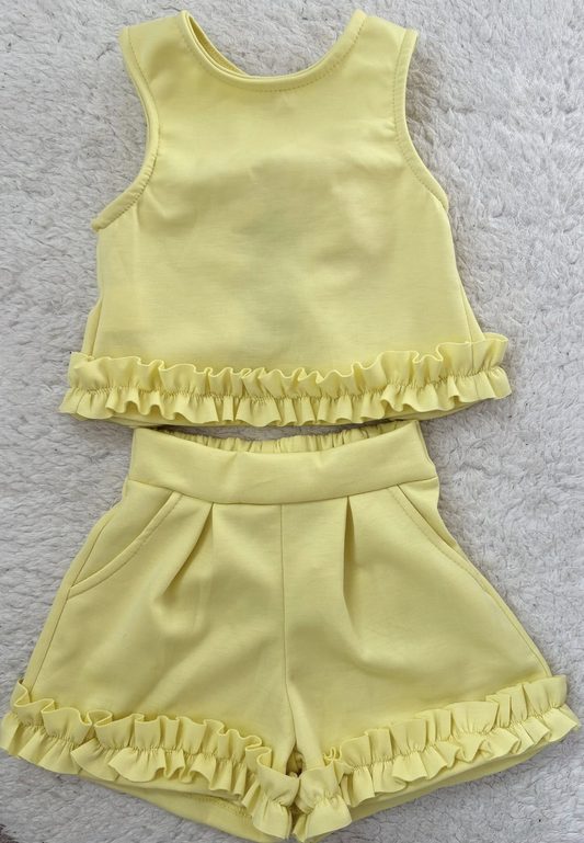( Moq 5 ) Preorder Baby Girls Kids Sleeveless Yellow Ruffle Tops Pockets Shorts Cotton Set Summer Clothes