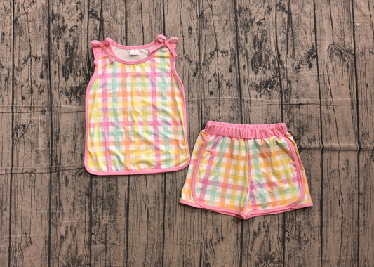 ( No moq ) Preorder Baby Girl Kids Pink Bows Sleeveless Plaid Tops Shorts Set Summer Clothes