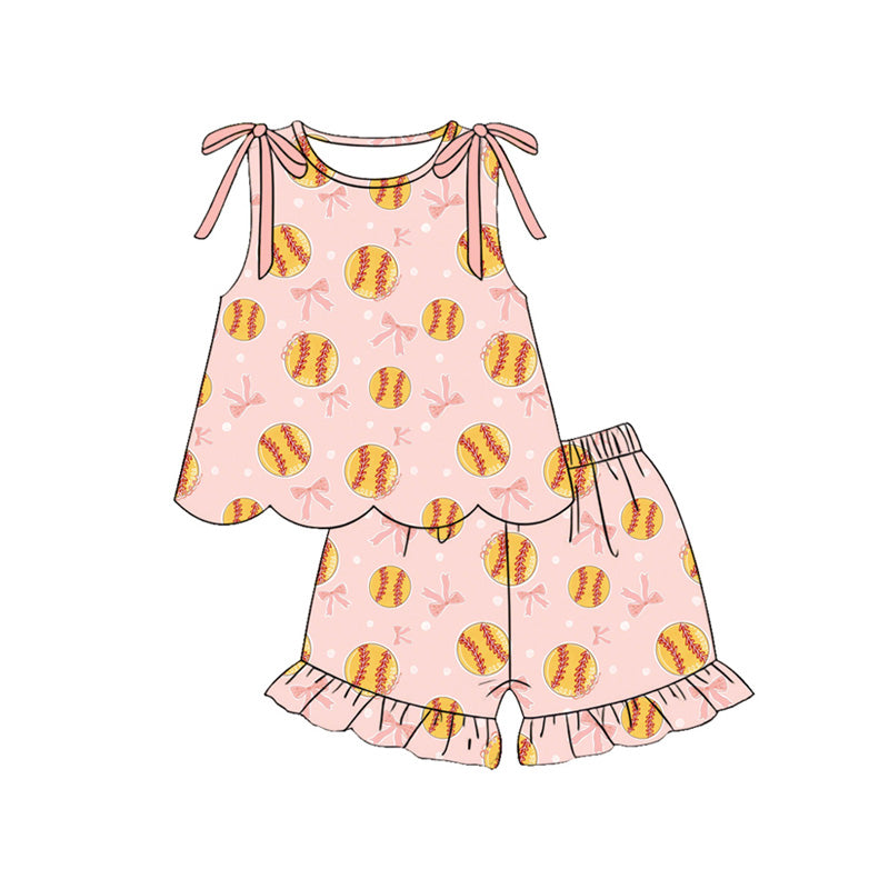 ( Moq 5 ) Preorder Baby Girls Kids Softball Bows Tops Ruffle Shorts Set Summer Clothes