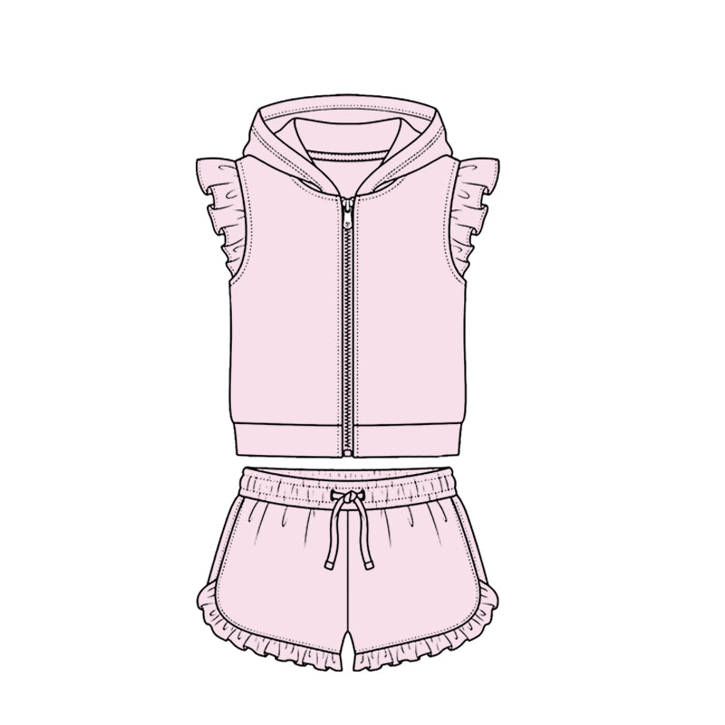 ( Moq 5 ) Preorder Baby Girls Kids Short Sleeves Zipper Hoodie Tops Ruffle Shorts Cotton Set Light Pink Clothes