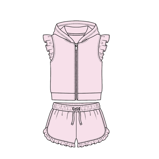 ( Moq 5 ) Preorder Baby Girls Kids Short Sleeves Zipper Hoodie Tops Ruffle Shorts Cotton Set Light Pink Clothes