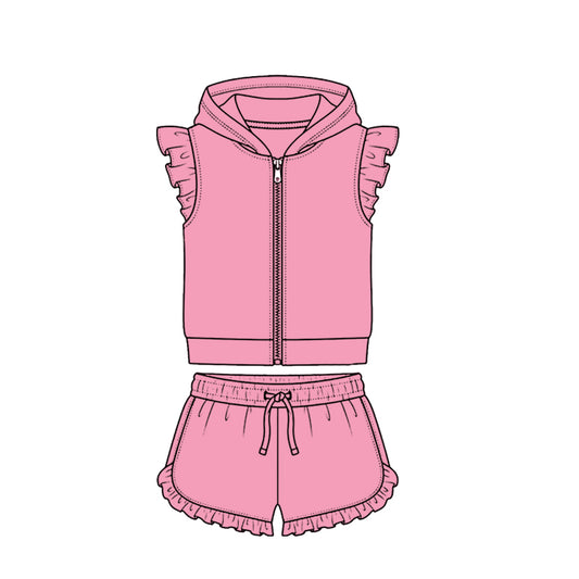 ( Moq 5 ) Preorder Baby Girls Kids Short Sleeves Zipper Hoodie Pink Tops Ruffle Shorts Cotton Set Clothes