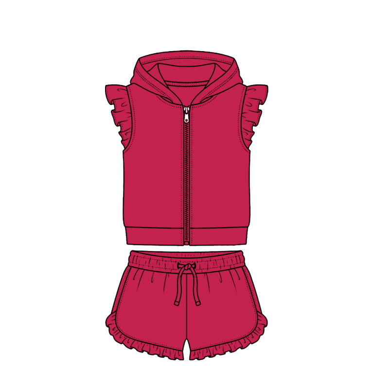 ( Moq 5 ) Preorder Baby Girls Kids Short Sleeves Zipper Hoodie Red Tops Ruffle Shorts Cotton Set Clothes