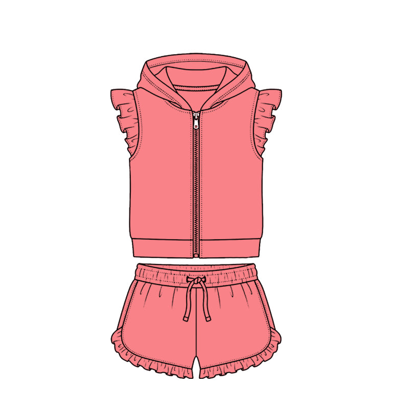 ( Moq 5 ) Preorder Baby Girls Kids Short Sleeves Zipper Hoodie Peach Tops Ruffle Shorts Cotton Set Clothes