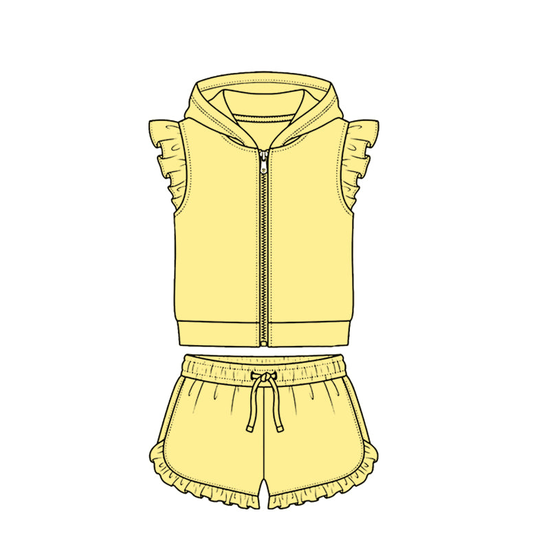 ( Moq 5 ) Preorder Baby Girls Kids Short Sleeves Zipper Hoodie Yellow Tops Ruffle Shorts Cotton Set Clothes