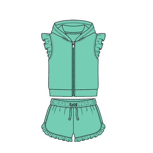 ( Moq 5 ) Preorder Baby Girls Kids Short Sleeves Zipper Hoodie Tops Ruffle Shorts Cotton Green Set Clothes