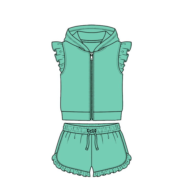 ( Moq 5 ) Preorder Baby Girls Kids Short Sleeves Zipper Hoodie Tops Ruffle Shorts Cotton Green Set Clothes