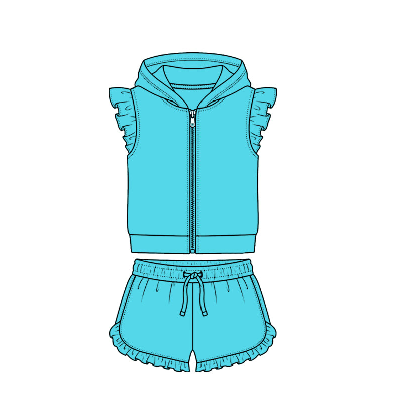 ( Moq 5 ) Preorder Baby Girls Kids Short Sleeves Zipper Hoodie Blue Tops Ruffle Shorts Cotton Set Clothes