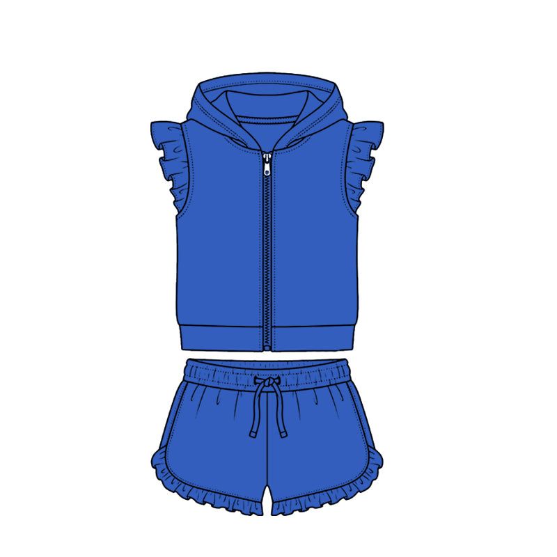 ( Moq 5 ) Preorder Baby Girls Kids Blue Short Sleeves Zipper Hoodie Tops Ruffle Shorts Cotton Set Clothes