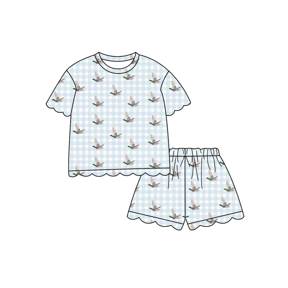 ( Moq 5 ) Preorder Baby Girls Kids Short Sleeves Ducks Plaid Shirt Scallop Shorts Set Clothes