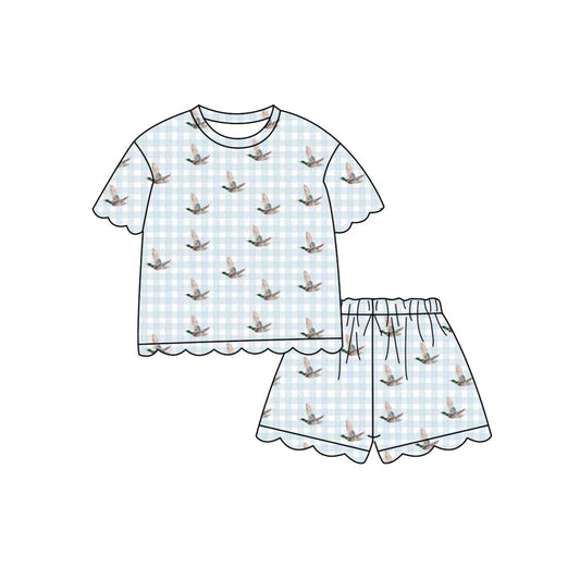 ( Moq 5 ) Preorder Baby Girls Kids Short Sleeves Ducks Plaid Shirt Scallop Shorts Set Clothes