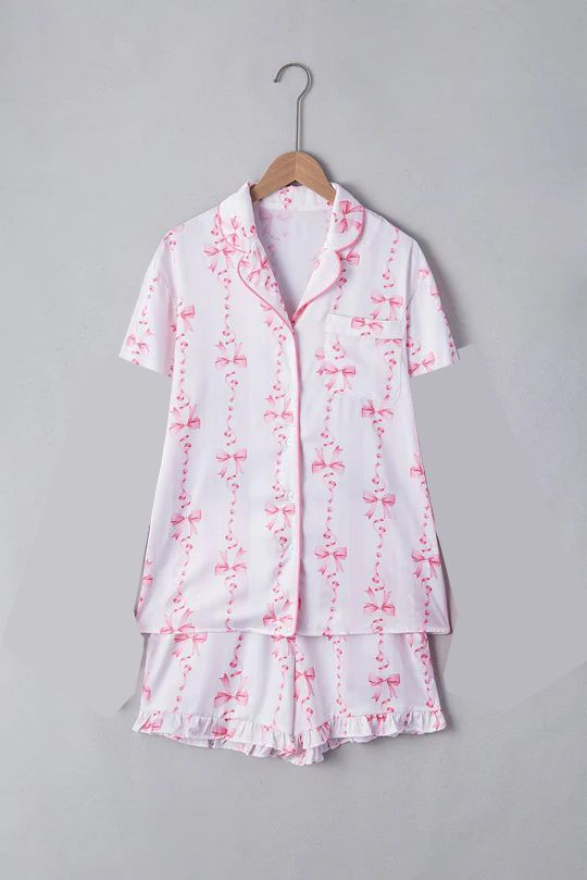 ( Moq 5 ) Preorder Baby Girls Kids Short Sleeves Pink Bows Buttons Shirt Shorts Pajamas Set Clothes