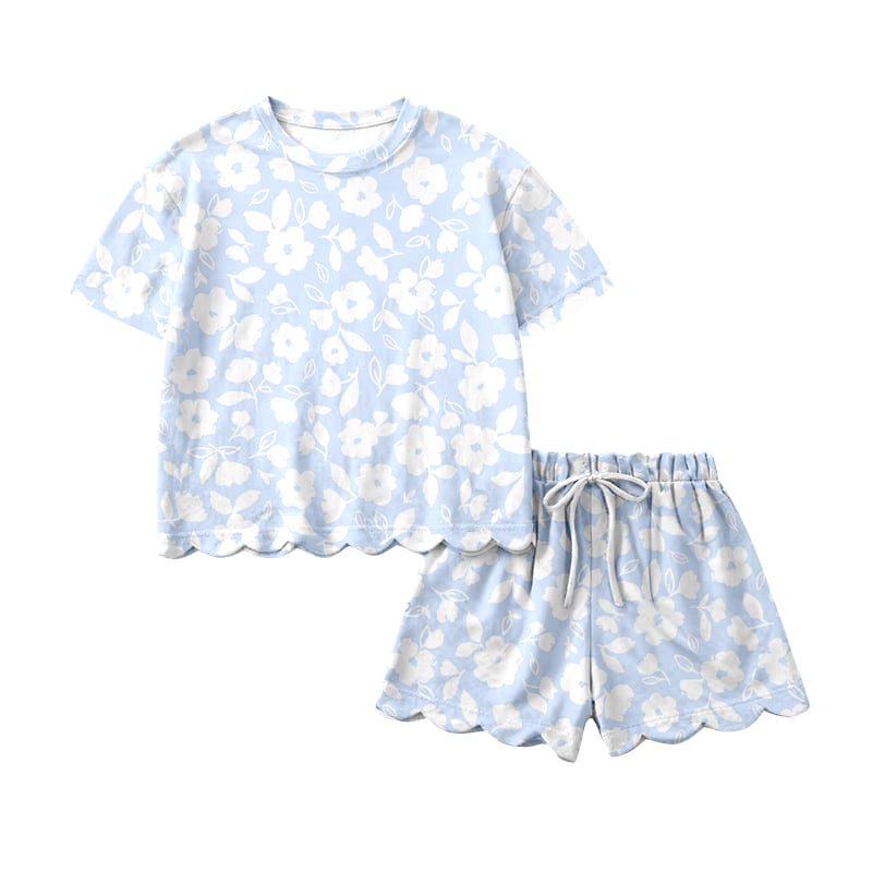 ( Moq 5 ) Preorder Baby Girls Kids Short Sleeves Flower Blue Shirt Scallop Shorts Set Clothes