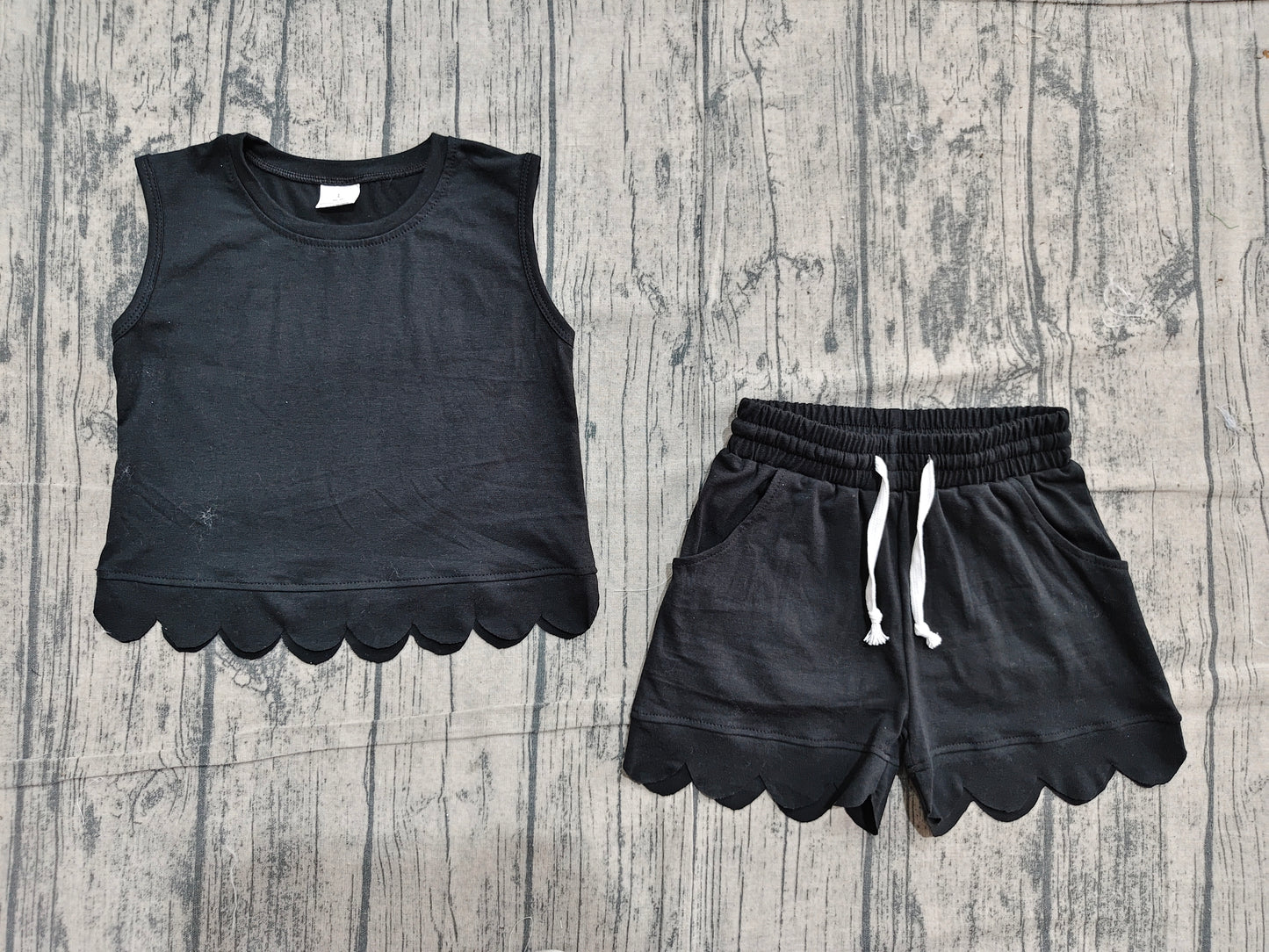 Baby Girls Kids Sleeveless Black Shirt Scallop Shorts Set Cotton Clothes RTS