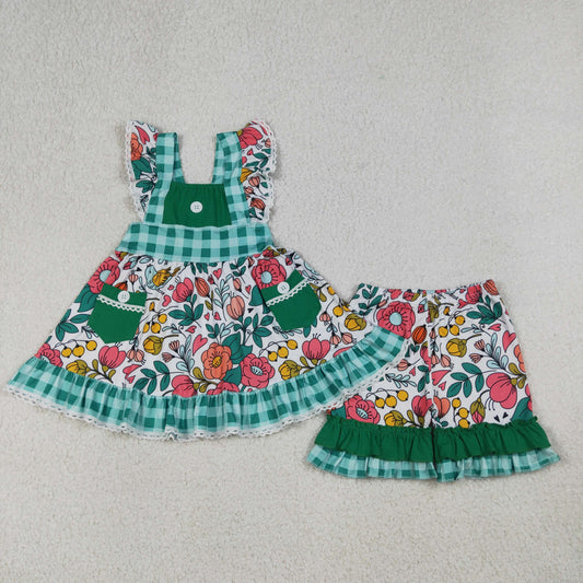 Baby Girls Kids Short Sleeves Flower Pockets Tunic Ruffle Shorts Set Clothes RTS