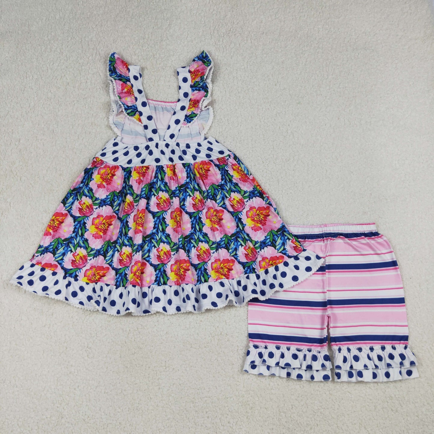 Baby Girls Kids Short Sleeves Flower Pockets Tunic Ruffle Stripes Shorts Set Clothes RTS
