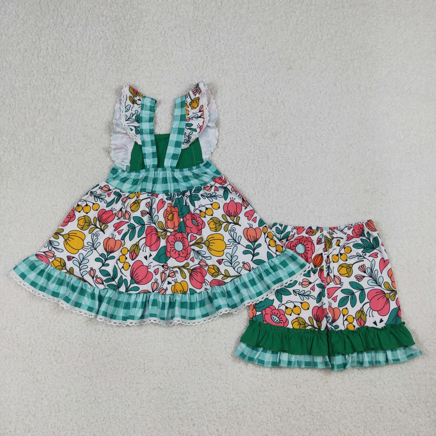 Baby Girls Kids Short Sleeves Flower Pockets Tunic Ruffle Shorts Set Clothes RTS
