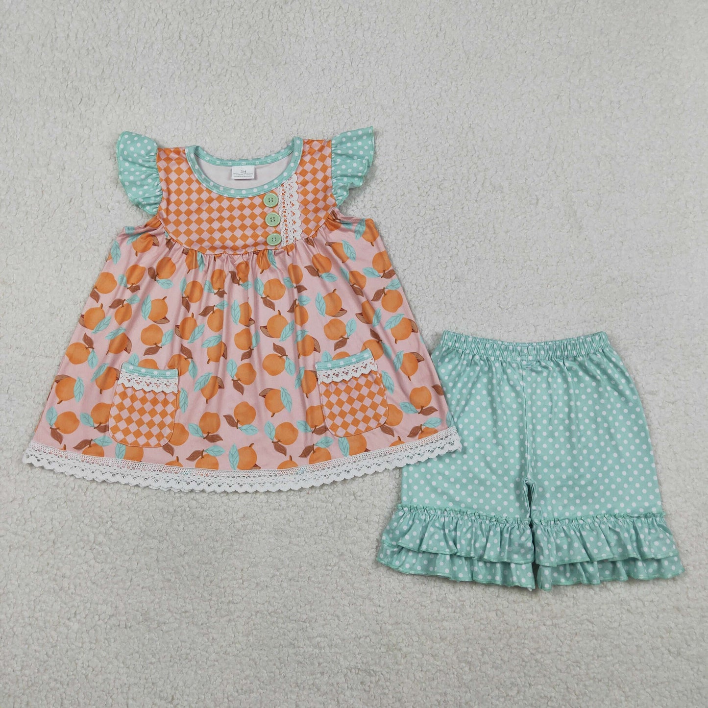 Baby Girls Kids Short Sleeves Peach Pockets Tunic Dots Ruffle Shorts Set Clothes RTS