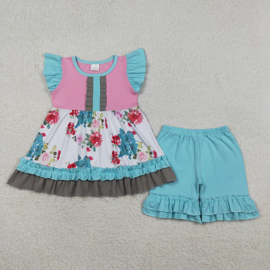 Baby Girls Kids Short Sleeves Flower Tunic Blue Ruffle Shorts Set Clothes RTS