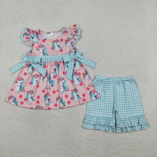Baby Girls Toddler Short Sleeves Flower Horses Tunic Ruffle Shorts Set Clothes RTS