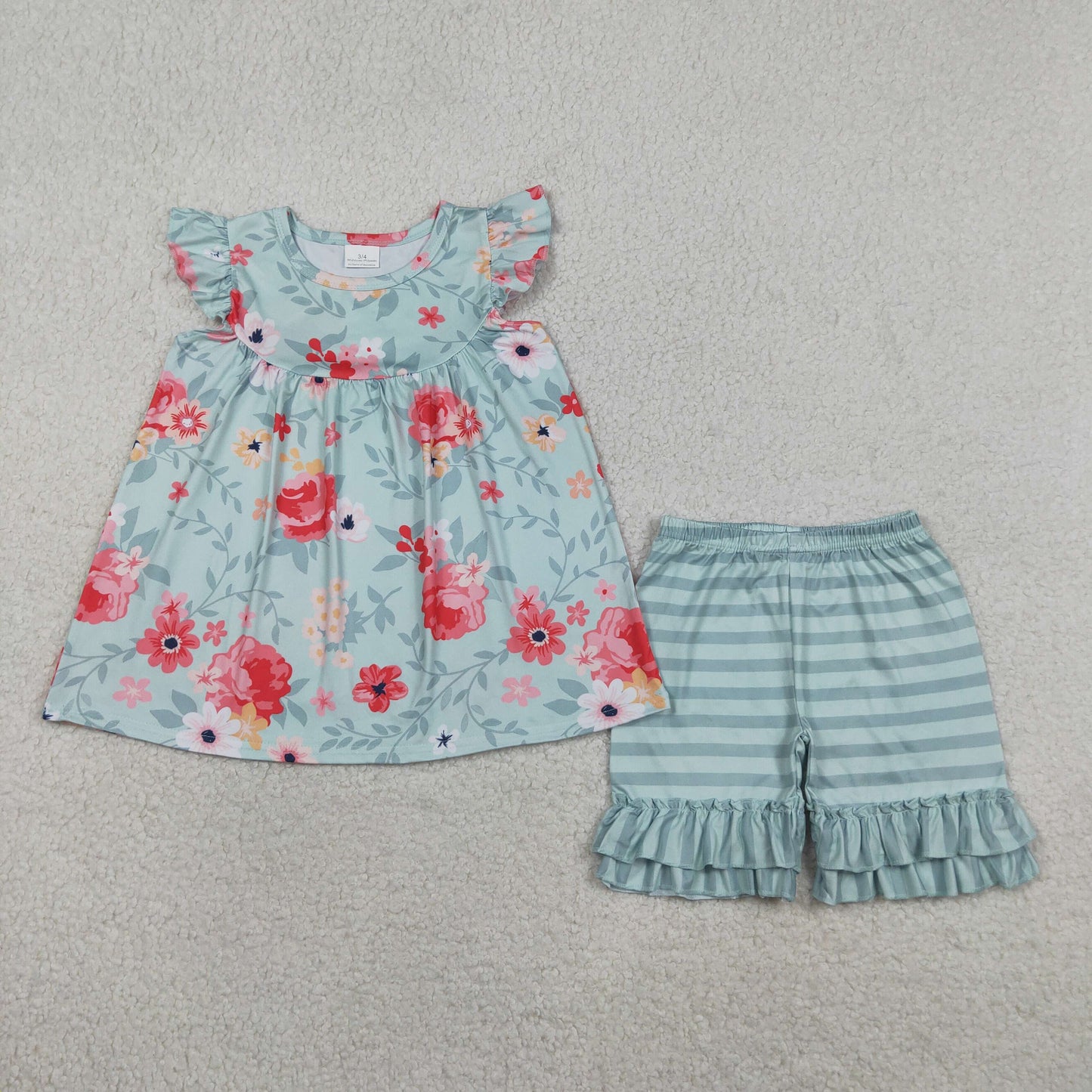 Baby Girls Toddler Short Sleeves Flower Tunic Green Stripes Ruffle Shorts Set Clothes RTS
