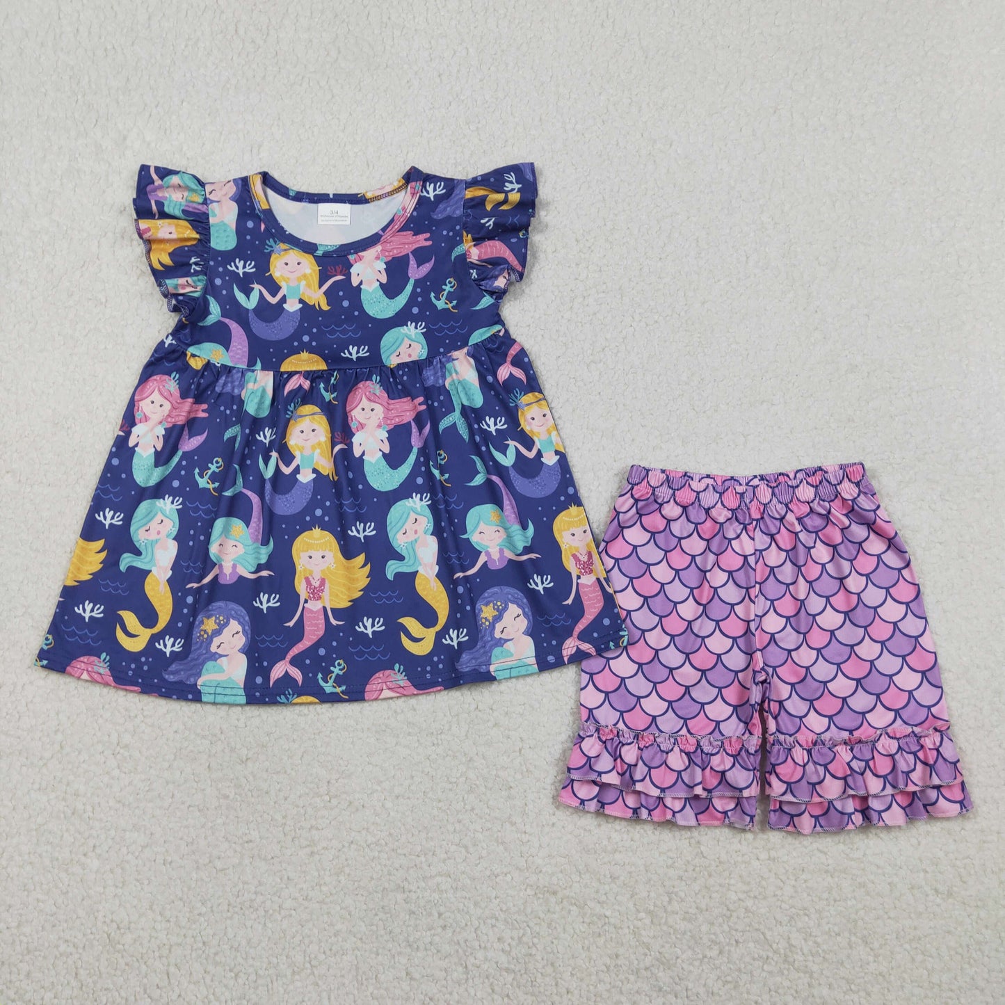 Baby Girls Kids Short Sleeves Mermaid Tunic Ruffle Shorts Set Purple Clothes RTS