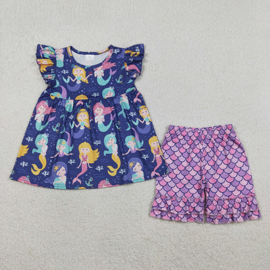 Baby Girls Kids Short Sleeves Mermaid Tunic Ruffle Shorts Set Purple Clothes RTS