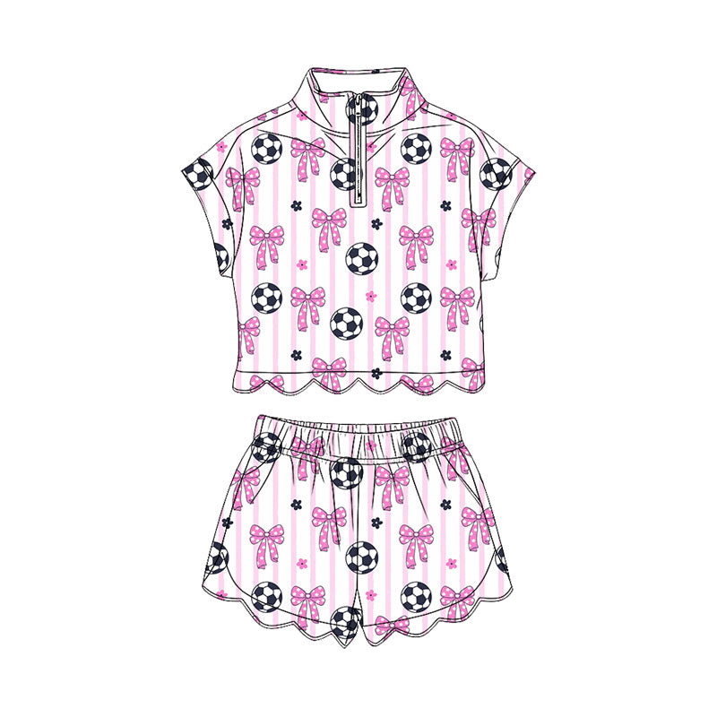 ( Moq 5 ) Preorder Baby Girls Kids Bows Zipper Shirt Scallop Shorts Set Soccer Clothes