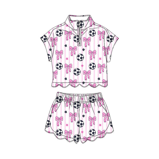 ( Moq 5 ) Preorder Baby Girls Kids Bows Zipper Shirt Scallop Shorts Set Soccer Clothes