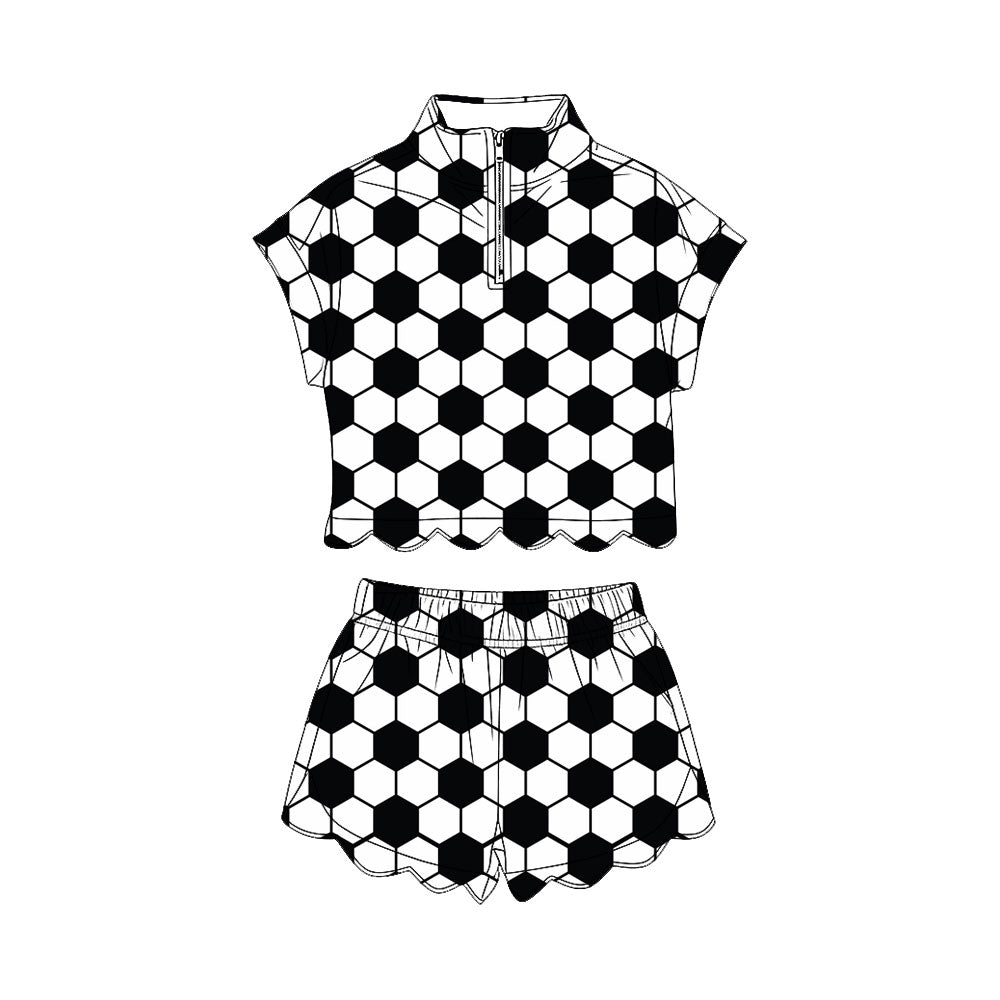 ( Moq 5 ) Preorder Baby Girls Kids Soccer Bows Zipper Shirt Scallop Shorts Set Black Clothes