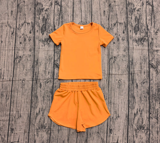( No moq ) Preorder Baby Girls Kids Short Sleeves Orange Shirt Skirt Shorts Yoga Active Set Clothes