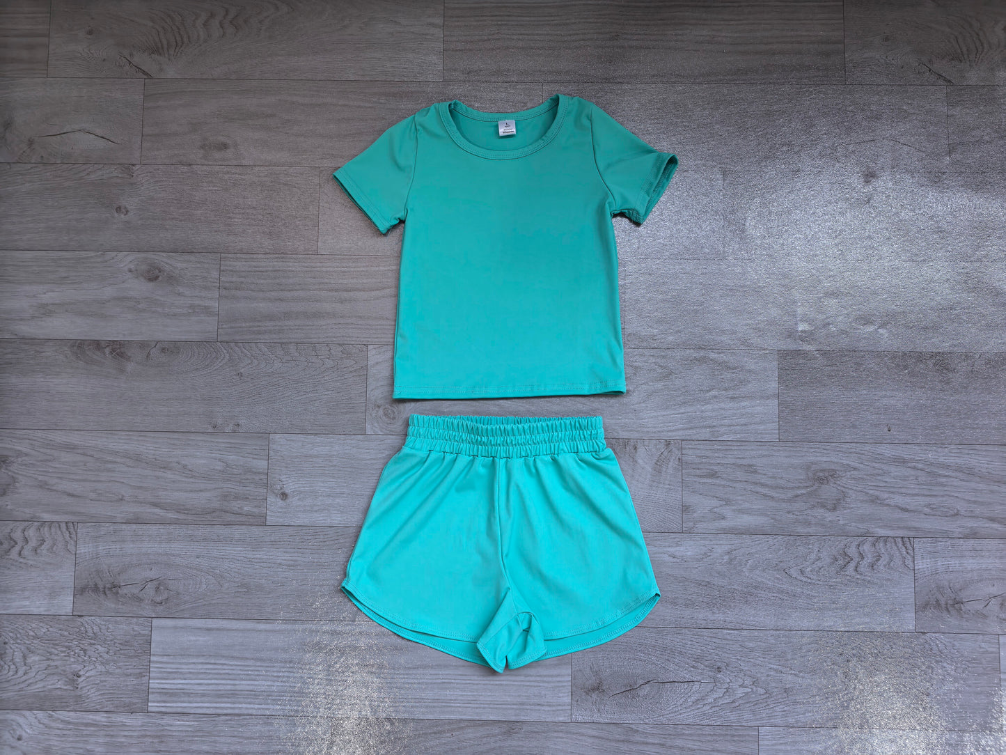 ( No moq ) Preorder Baby Girls Kids Short Sleeves Shirt Skirt Shorts Yoga Active Set Green Clothes