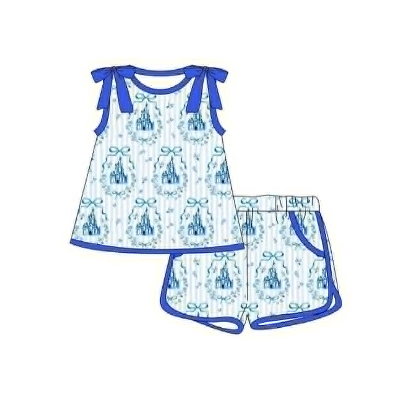 ( Moq 5 ) Preorder Baby Girls Sleeveless Bows Floral Castles Tunic Shorts Set Blue Clothes