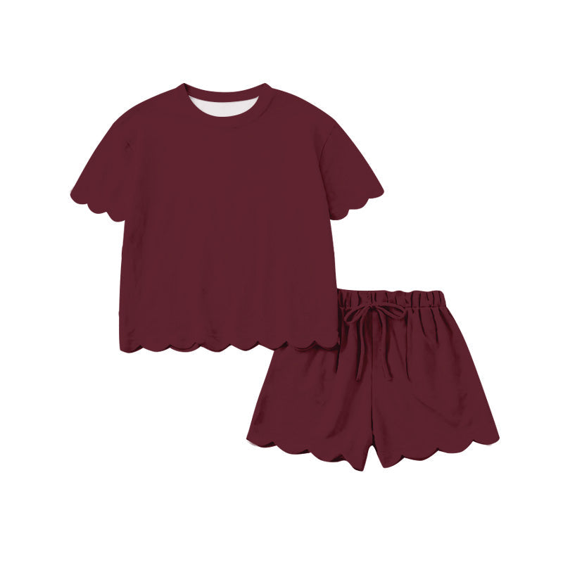 ( Moq 5 ) Preorder Baby Girls Kids Short Sleeves Dark Red Shirt Scallop Shorts Set Cotton Clothes