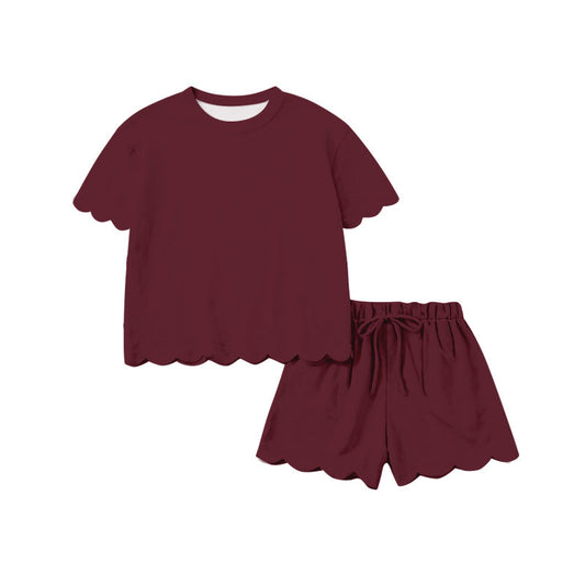 ( Moq 5 ) Preorder Baby Girls Kids Short Sleeves Dark Red Shirt Scallop Shorts Set Cotton Clothes