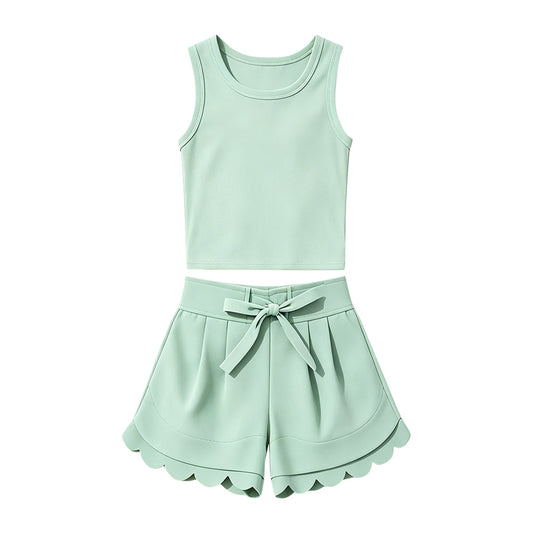 ( Moq 5 ) Preorder Baby Girls Kids Sleeveless Green Vest Scallop Shorts Yoga Active Set Clothes
