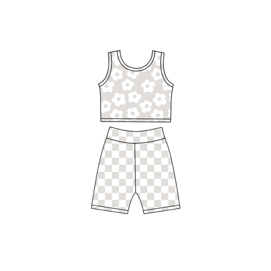 ( Moq 5 ) Preorder Baby Girls Kids Flower Tops Grey Checked Shorts Yoga Active Set Clothes
