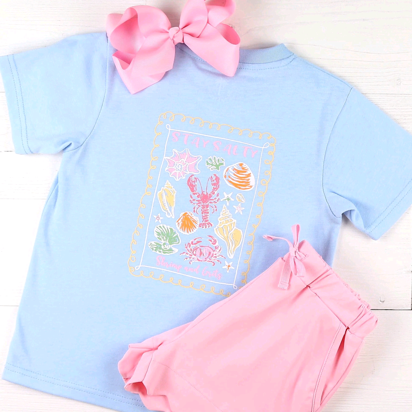 ( Moq 5 ) Preorder Baby Girls Kids Blue Short Sleeves Crawfish Shirt Pink Ruffle Shorts Set Summer Clothes