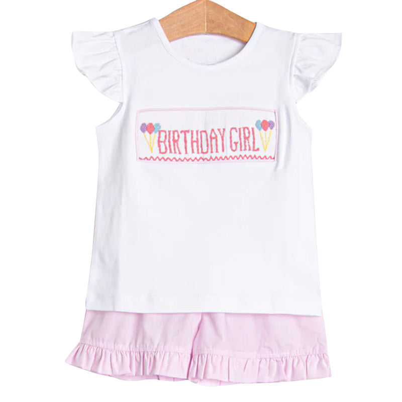 ( Moq 5 ) Preorder Baby Girls Kids Short Sleeves Birthday Shirt Pink Ruffle Shorts Set Clothes