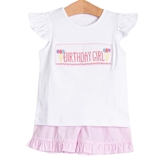 ( Moq 5 ) Preorder Baby Girls Kids Short Sleeves Birthday Shirt Pink Ruffle Shorts Set Clothes