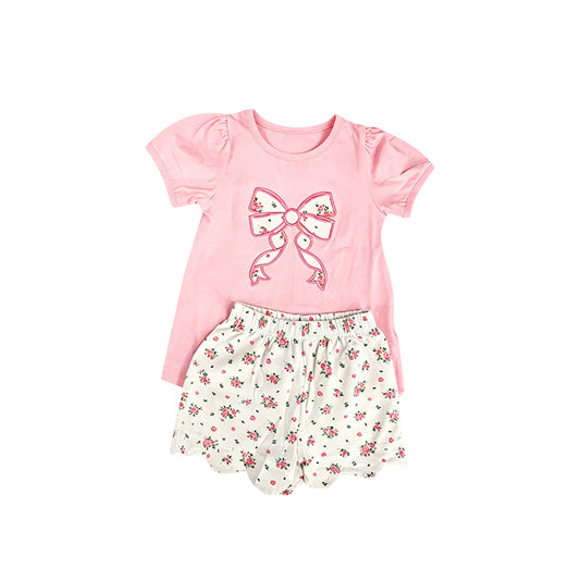( Moq 5 ) Preorder Baby Girls Kids Pink Short Sleeves Bow Shirt Floral Scallop Shorts Set Clothes