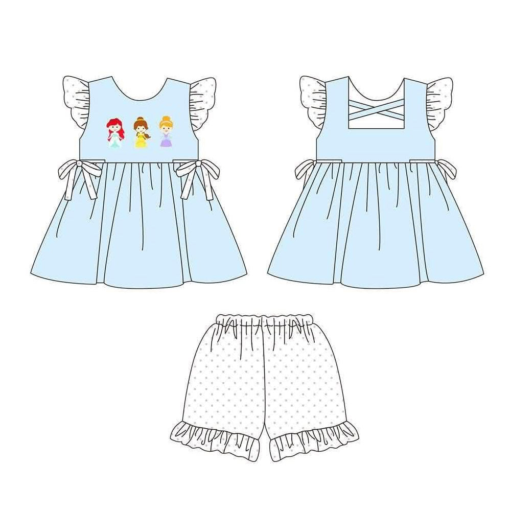 ( Moq 5 ) Preorder Baby Girls Kids Short Sleeves Princess Bows Blue Tunic Shorts Summer Set