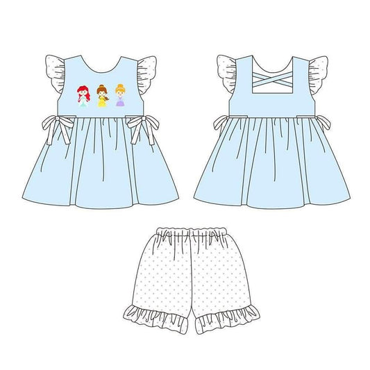 ( Moq 5 ) Preorder Baby Girls Kids Short Sleeves Princess Bows Blue Tunic Shorts Summer Set