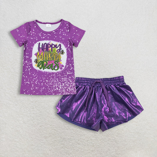 Baby Girls Short Sleeves Purple Shirt Leather Ruffle Shorts Mardi Gras Set RTS