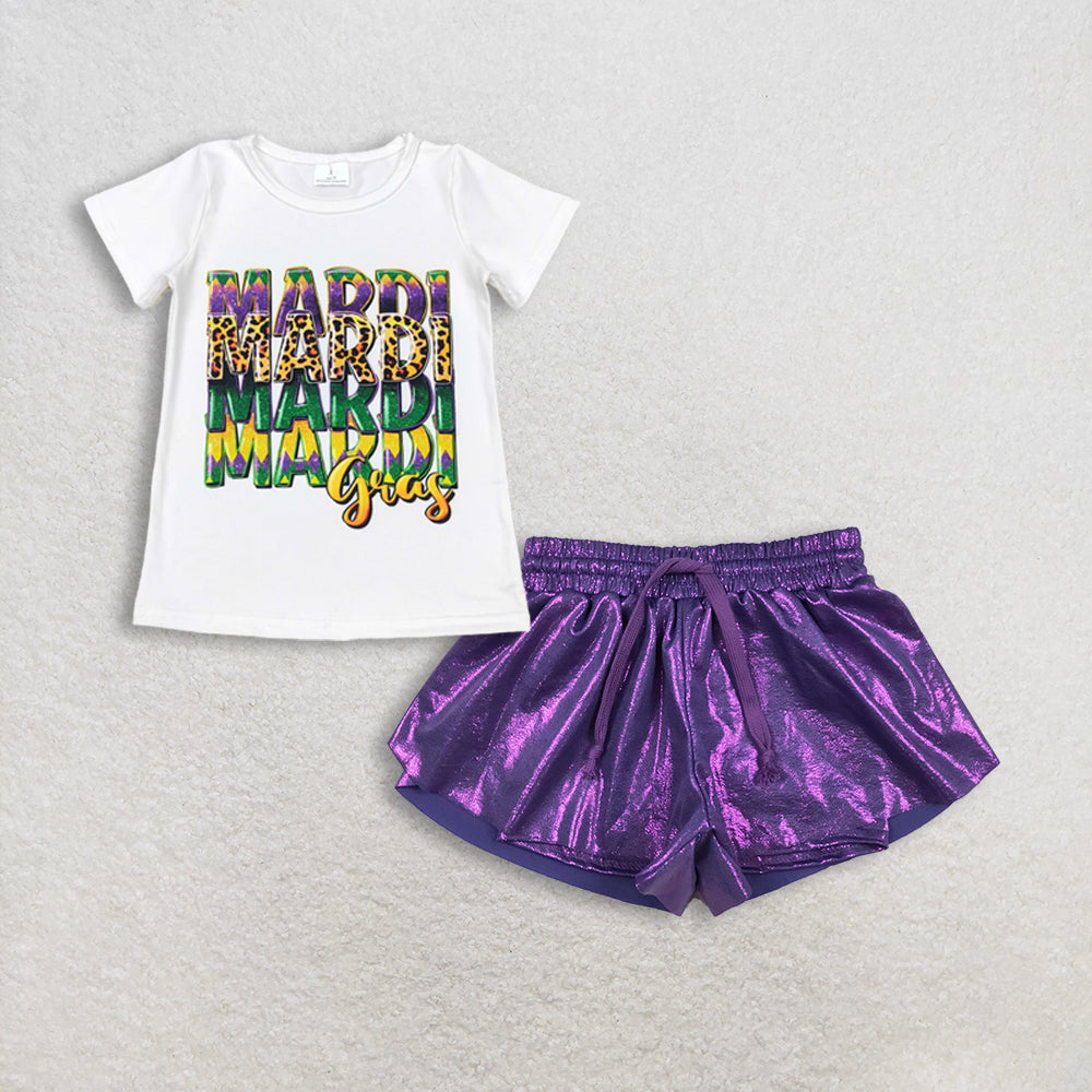 Baby Girls White Short Sleeves Mardi Gras Shirt Leather Ruffle Shorts Set RTS