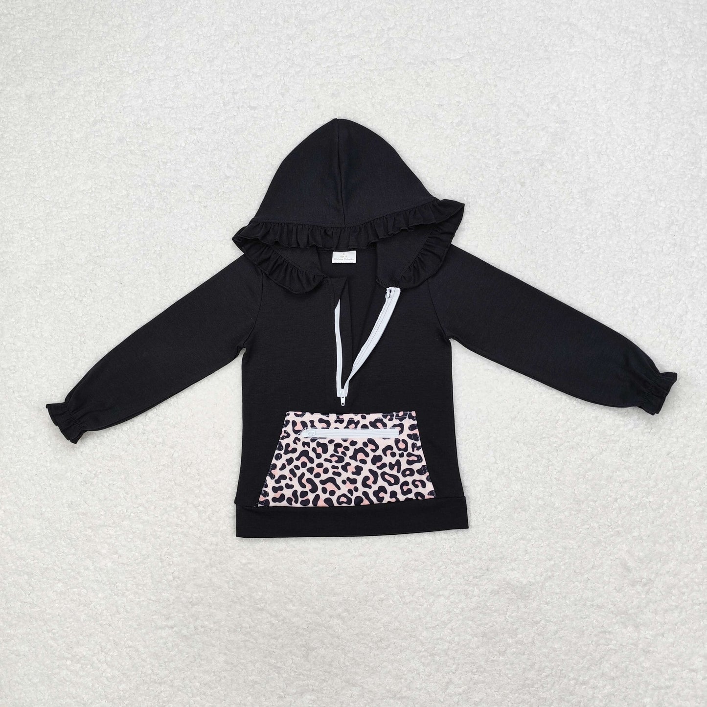 Baby Girl Toddler Long Sleeves Ruffle Hoodie Leopard Flower Pocket Sibling Zipper Shirt Tops RTS