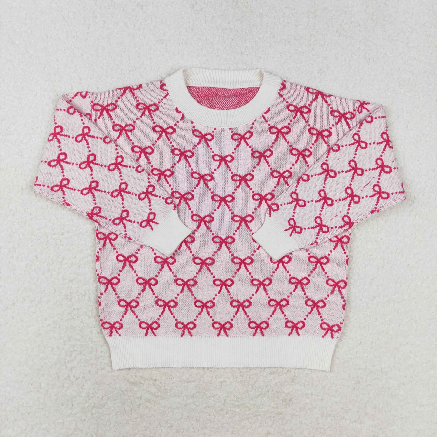 Sibling Baby Girls Pink Bows Checked Woolen Sweaters