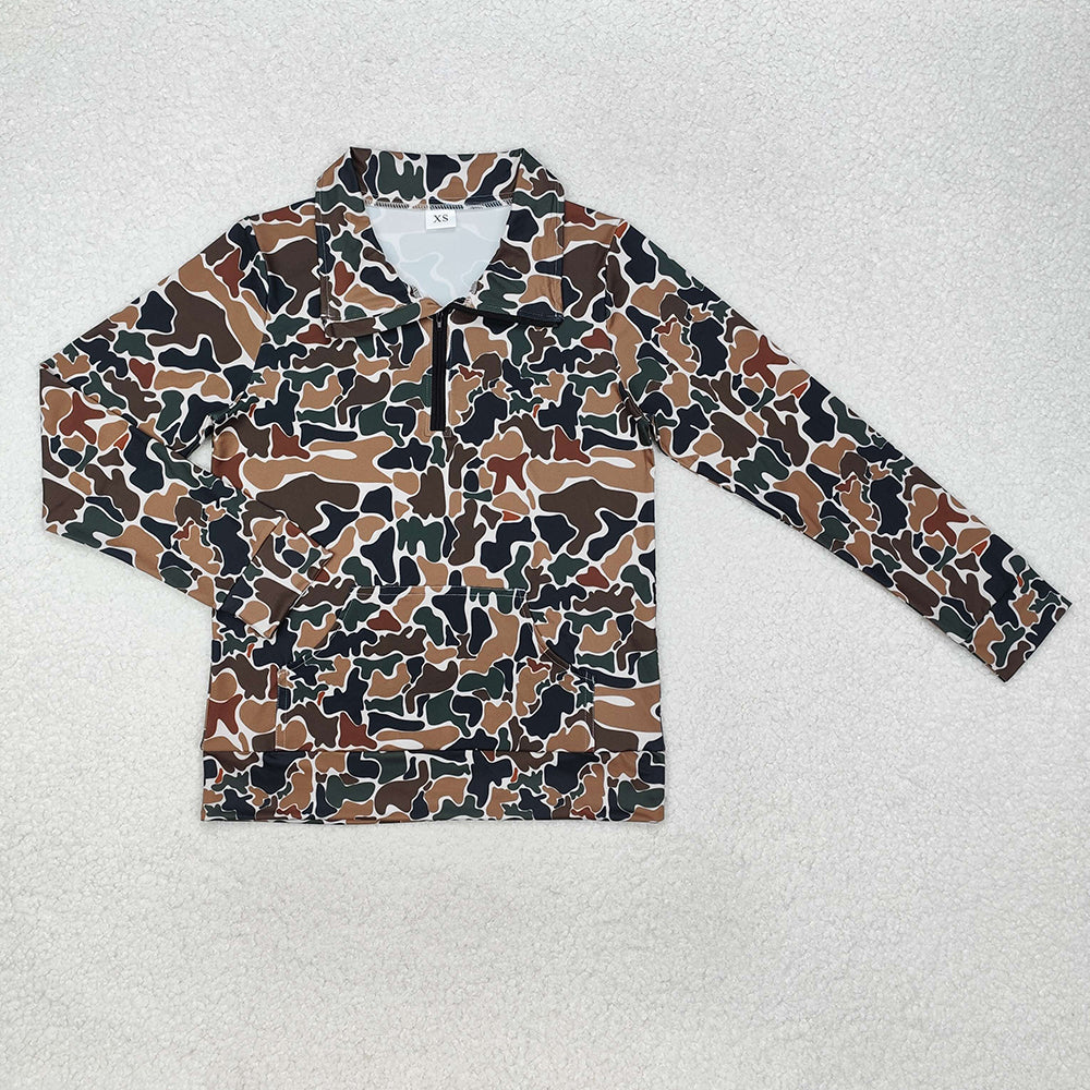Mommy and Me Baby Boy Long Sleeves Dark Brown Camo Zipper Pocket Pullover Sibling Family Shirt