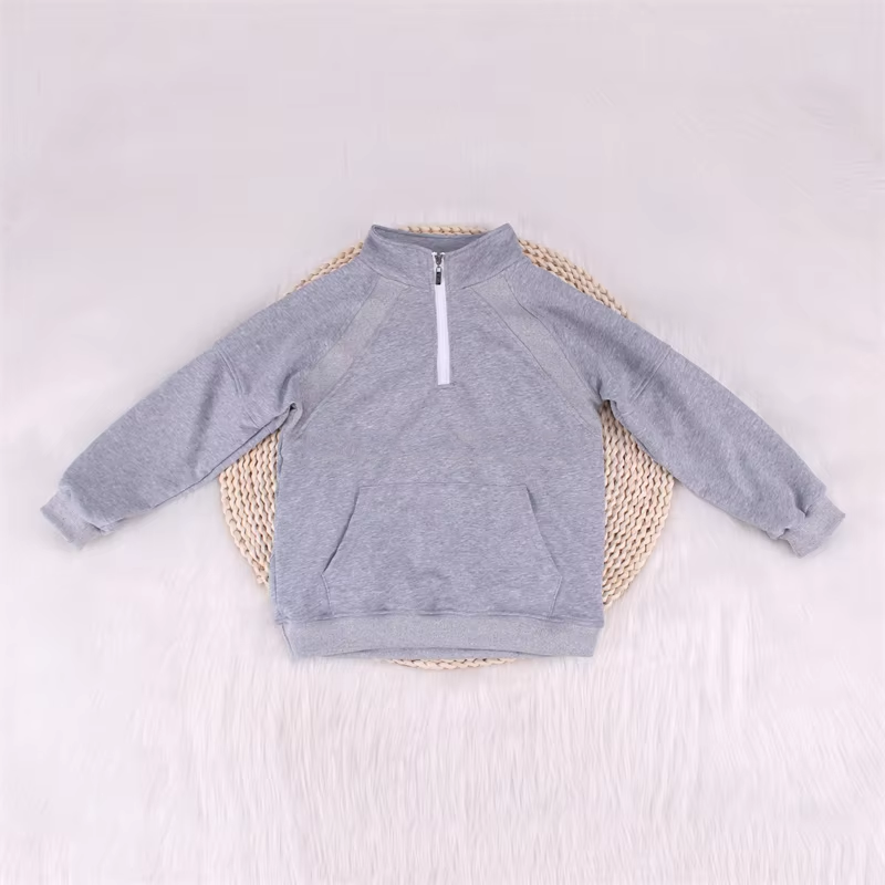 Pre-order Baby Kids Todder Grey Long Sleeves Pocket Zipper Pullover Shirt